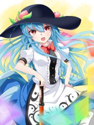 Rule 34 | 1girl, ashigaruk, black headwear, blue hair, blue skirt, bow, bowtie, center frills, collared shirt, commentary request, food, frills, fruit, hand on hilt, highres, hinanawi tenshi, leaf, long hair, looking at viewer, panties, peach, rainbow order, red bow, red bowtie, red eyes, shirt, short sleeves, skirt, solo, sword, sword of hisou, touhou, underwear, weapon, white panties, white shirt, yellow background