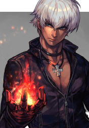 Rule 34 | 1boy, black jacket, blue eyes, choker, closed mouth, dark-skinned male, dark skin, fire, gauntlets, hungry clicker, jacket, jewelry, k&#039; (kof), looking to the side, male focus, necklace, open clothes, open jacket, pectoral cleavage, pectorals, pyrokinesis, snk, solo, the king of fighters, upper body, white hair