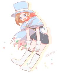 Rule 34 | 1girl, :d, ace attorney, blue eyes, blue hat, blush, boots, brown hair, cape, dress, earrings, full body, gloves, hands on own knees, hat, jewelry, knee boots, looking at viewer, magician, mai8484, open mouth, red scarf, scarf, short hair, smile, solo, star (symbol), top hat, trucy wright, white gloves