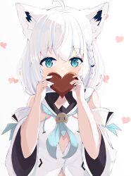 Rule 34 | 1girl, ahoge, animal ear fluff, animal ears, aqua eyes, blue neckerchief, braid, candy, chocolate, chocolate heart, commentary request, covering own mouth, detached sleeves, earrings, food, fox ears, fox girl, front slit, hair between eyes, hands up, heart, heart background, highres, holding, holding chocolate, holding food, hololive, hood, hoodie, jewelry, light blush, long hair, long sleeves, looking at viewer, natsuki (natsu 1936), neckerchief, shirakami fubuki, shirakami fubuki (1st costume), side braid, sidelocks, single earring, solo, straight-on, valentine, virtual youtuber, white background, white hair, white hoodie, white sleeves, wide sleeves