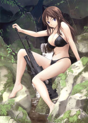 Rule 34 | 1girl, ai arctic warfare, arm support, barefoot, bikini, bipod, blue eyes, bolt action, breasts, brown hair, character request, feet, gun, highres, ai arctic warfare, large breasts, long hair, looking at viewer, navel, original, outdoors, rifle, rock, scope, sideboob, sitting, skindentation, sniper rifle, solo, strap gap, stream, swimsuit, tenkuu nozora, water, weapon