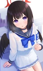 Rule 34 | 1girl, absurdres, alternate costume, armband, black hair, blue archive, blue bow, blue bowtie, blush, bob cut, bow, bowtie, bra, bra visible through clothes, choker, halo, highres, long sleeves, looking at viewer, mashiro (blue archive), open mouth, purple eyes, sailor collar, see-through, see-through shirt, shirt, short hair, sitting, sjuno, skirt, solo, sweat, underwear, wet, wet clothes, wet shirt, white bra, white shirt, white skirt, winged halo, wings