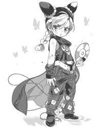 Rule 34 | 1girl, age regression, aged down, apple972, cape, cd, cone hair bun, double bun, flat chest, greyscale, hair bun, inzup, jojo no kimyou na bouken, kuujou jolyne, long hair, looking at viewer, monochrome, multicolored hair, oversized clothes, simple background, solo, two-tone hair, white background