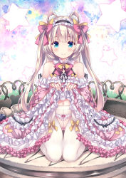 Rule 34 | 1girl, animal ear fluff, animal ears, bare shoulders, blue eyes, blush, bow, bow panties, brown bow, brown hair, closed mouth, clothes lift, commentary request, detached sleeves, dress, dress lift, frilled dress, frills, hair bow, highres, lifting own clothes, lolita fashion, long hair, long sleeves, looking at viewer, navel, original, panties, panties under pantyhose, pantyhose, pink bow, pink dress, pink panties, pink sleeves, ryo (botugo), sitting, smile, solo, sweet lolita, two side up, underwear, very long hair, wariza, white pantyhose, wide sleeves