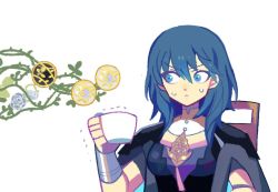 Rule 34 | 1girl, blue eyes, byleth (female) (fire emblem), byleth (fire emblem), cup, denaseey, fire emblem, fire emblem: three houses, holding, holding cup, nintendo, plant, simple background, solo, sweatdrop, upper body, vines, white background