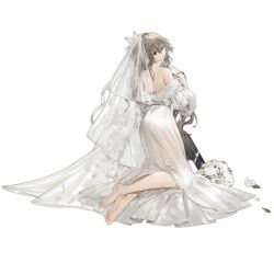 Rule 34 | 1girl, ass, back, barefoot, bouquet, bridal veil, brown hair, closed mouth, crossed ankles, dress, feet, flower, from behind, full body, girls&#039; frontline, hair between eyes, hair flower, hair ornament, highres, kneeling, long hair, looking at viewer, looking back, mole, mole under eye, off-shoulder dress, off shoulder, official alternate costume, official art, red eyes, simple background, soles, solo, sp9 (drifting snow) (girls&#039; frontline), sp9 (girls&#039; frontline), strapless, strapless dress, stribog sp9, third-party source, toes, transparent background, veil, very long hair, wedding dress, white dress, white flower, youamo