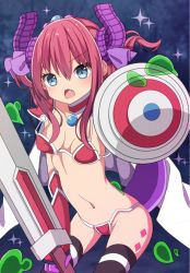 Rule 34 | 1girl, armor, bikini, bikini armor, black thighhighs, blue eyes, blush, breasts, broadsword, cape, choker, curled horns, dragon girl, dragon horns, dragon tail, elizabeth bathory (brave) (fate), elizabeth bathory (fate), fang, fate/grand order, fate (series), hair between eyes, hair ribbon, head tilt, highres, holding, holding shield, holding sword, holding weapon, horns, long hair, looking at viewer, navel, open mouth, oversized clothes, pauldrons, pink hair, pointy ears, purple ribbon, red bikini, red choker, ribbon, sapphire (sapphire25252), shield, shoulder armor, slime (substance), small breasts, solo, string bikini, swimsuit, sword, tail, thighhighs, tiara, two side up, vambraces, weapon, white cape