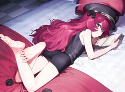 Rule 34 | 1girl, ass, bare legs, barefoot, bed, black ribbon, blue archive, book, grin, hat, highres, iroha (blue archive), looking at viewer, lying, military hat, miniskirt, necktie, on stomach, peaked cap, pillow, reading, red necktie, ribbon, signalviolet, skirt, sleeveless, smile, socks, unworn socks, solo, teeth
