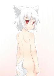 Rule 34 | 1girl, absurdres, animal ear fluff, animal ears, arms at sides, ass, back, closed mouth, cowboy shot, expressionless, from behind, gradient background, highres, inubashiri momiji, kibisake, looking at viewer, looking back, nude, red eyes, short hair, simple background, solo, tail, touhou, white hair, wolf ears, wolf tail