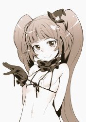 Rule 34 | 1girl, ahoge, bad id, bad twitter id, bikini, blunt bangs, brown theme, closed mouth, covered erect nipples, flat chest, gloves, izayoi liko, long hair, looking at viewer, mahou girls precure!, monochrome, navel, petite, precure, pulling own clothes, simple background, smile, solo, stomach, strap pull, swimsuit, tasaka shinnosuke, twintails, upper body, white background