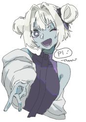Rule 34 | 1girl, 5tsukado, bare shoulders, blue eyes, bow, collarbone, colored skin, colored tongue, covered collarbone, double bun, grey pupils, grey skin, hair between eyes, hair bow, hair bun, head tilt, highres, lower teeth only, one eye closed, open mouth, original, purple bow, purple tongue, short hair, signature, simple background, smile, solo, speech bubble, star-shaped pupils, star (symbol), symbol-shaped pupils, teeth, triangle, turtleneck, v, white background, white hair, zombie