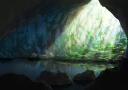 Rule 34 | cave, day, highres, lake, moss, no humans, reflection, rock, sakanamodoki, scenery, stone, sunlight, underground