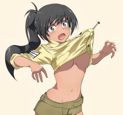 Rule 34 | 1girl, black hair, blush, breasts, brown eyes, clothes lift, green shorts, highres, large breasts, long hair, looking at viewer, luminous witches, manaia matawhaura hato, midriff, navel, no bra, noah (0bp3292), open mouth, ponytail, shirt lift, shorts, simple background, solo, underboob, world witches series, yellow background