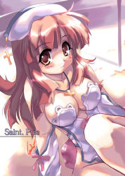 Rule 34 | 1girl, between breasts, blush, breasts, cleavage, cross, cross necklace, gloves, hat, jewelry, la pucelle, latin cross, long hair, looking at viewer, necklace, nippon ichi, no panties, prier, red eyes, red hair, shy, solo, starfox (artist), thighs