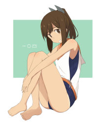 Rule 34 | 1girl, bare arms, bare legs, barefoot, blue one-piece swimsuit, brown eyes, brown hair, full body, grin, hair ornament, hairclip, i-401 (kancolle), kantai collection, kugui kiyunemu, one-piece swimsuit, one-piece tan, orange sailor collar, outside border, ponytail, sailor collar, school swimsuit, shirt, short hair, short ponytail, side-tie shirt, sitting, sleeveless, sleeveless shirt, smile, solo, swimsuit, swimsuit under clothes, tan, tanline, tanline peek, two-tone background, white background, white shirt