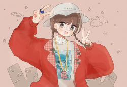 Rule 34 | 1girl, badge, blazer, blush, blush stickers, bow, braid, brown eyes, brown hair, bucket hat, button badge, city, clothes writing, double v, frilled shirt collar, frills, glasses, hair bow, hat, highres, jacket, jewelry, lanyard, lapel pin, lapels, layered clothes, long hair, long sleeves, notched lapels, open mouth, original, print shirt, ring, shirt, smile, solo, t-shirt, tamagotchi, translation request, twin braids, v, white-framed eyewear, wolf gugu