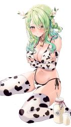 Rule 34 | 1girl, absurdres, animal print, antlers, arms under breasts, bell, bikini, blush, bottle, branch, breasts, ceres fauna, closed mouth, collar, cow print, cow print bikini, cowbell, crossed arms, cup, drinking glass, ear tag, flower, foot out of frame, green hair, green nails, hair flower, hair ornament, highres, hololive, hololive english, horns, large breasts, leaf, long hair, looking at viewer, milk, milk bottle, mole, mole under eye, nail polish, navel, neck bell, print bikini, raised eyebrows, red collar, side-tie bikini bottom, simple background, sitting, solo, stomach, swimsuit, thighhighs, thighs, virtual youtuber, wariza, wavy hair, white background, yan.c, yan c, yellow eyes