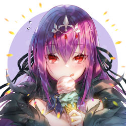 Rule 34 | 1girl, :q, commentary request, double scoop, dress, emoillu, fate/grand order, fate (series), feather trim, food, fur-trimmed dress, fur trim, hair between eyes, headpiece, highres, ice cream, ice cream cone, looking at viewer, purple dress, purple hair, purple ribbon, red eyes, ribbon, scathach (fate), scathach skadi (fate), solo, tiara, tongue, tongue out