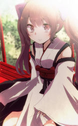 Rule 34 | 1girl, aoi (annbi), bow, brown eyes, brown hair, detached sleeves, dress, hair bow, hair ornament, highres, himekaidou hatate, japanese clothes, kourindou tengu costume, light particles, long hair, long sleeves, obi, pointy ears, ribbon, sash, sitting, solo, sunlight, touhou, twintails, white dress, wide sleeves