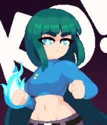 Rule 34 | 1girl, belt, belt buckle, blue eyes, blue shirt, breasts, buckle, clenched hands, crop top, dithered background, english text, fire, flaming hand, green hair, light frown, long hair, long sleeves, looking at viewer, medium breasts, midriff, minimilieu, navel, original, pants, pixel art, shirt, sidelocks, solo, thick eyebrows, upper body