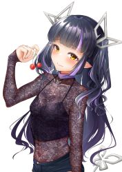 Rule 34 | 1girl, absurdres, alternate costume, black camisole, black hair, black shorts, blunt bangs, blush, breasts, camisole, cherry, cleavage, closed mouth, commentary request, crop top, demon girl, demon horns, demon tail, food, fruit, highres, holding, holding food, holding fruit, horns, kojo anna, lace shirt, long hair, long sleeves, looking at viewer, medium bangs, medium breasts, midriff, multicolored hair, nanashi inc., navel, pointy ears, purple hair, robou no stone, see-through, see-through cleavage, see-through shirt, shorts, simple background, smile, solo, tail, transparent background, two-tone hair, two side up, upper body, virtual youtuber, yellow eyes