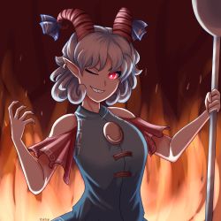 Rule 34 | 1girl, ;d, bare shoulders, blue dress, bright pupils, curled horns, curly hair, dress, fiery background, fire, grin, highres, holding, horns, looking at viewer, one eye closed, open mouth, oversized object, red eyes, red horns, red sleeves, sharp teeth, short hair, smile, solo, teeth, touhou, toutetsu yuuma, upper body, white hair, white pupils, yokhairoh