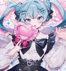 Rule 34 | 1girl, black bow, black skirt, blue eyes, blue hair, blush, bow, candy, commentary, english commentary, food, frilled shirt, frills, hair bow, hair ornament, hairclip, hatsune miku, heart, heart belt, heart-shaped lollipop, highres, lollipop, open mouth, rina (crystalrina), shaped lollipop, shirt, skirt, suspender skirt, suspenders, twintails, vocaloid, white shirt, x hair ornament
