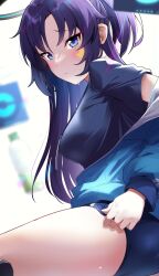 Rule 34 | 1girl, absurdres, black shirt, blue archive, blue buruma, blue eyes, blue jacket, blurry, blurry background, blush, bottle, breasts, buruma, gym shirt, gym uniform, halo, highres, id card, jacket, jacket partially removed, long hair, looking at viewer, medium breasts, official alternate costume, purple hair, shirt, short sleeves, solo, star sticker, sticker, sticker on face, sweat, totoki86, track jacket, water bottle, yuuka (blue archive), yuuka (track) (blue archive)
