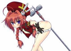 Rule 34 | 00s, 1girl, blue eyes, blush, bottomless, braid, breasts, crotch rub, gloves, graf eisen, hammer, hat, lyrical nanoha, mahou shoujo lyrical nanoha, mahou shoujo lyrical nanoha a&#039;s, mahou shoujo lyrical nanoha strikers, nipples, no pants, open clothes, open shirt, panties, panty pull, red hair, shirt, small breasts, solo, underwear, vita (nanoha)