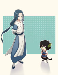 Rule 34 | 2boys, :d, animal ear fluff, animal ears, arms behind back, black hair, blue eyes, blue hair, closed mouth, green eyes, halftone, halftone background, hands in pockets, highres, japanese clothes, kimono, long hair, luo xiaohei, luo xiaohei zhanji, male focus, mini person, miniboy, multiple boys, open mouth, parted bangs, que meng meng, short eyebrows, short sleeves, smile, tail, teeth, thick eyebrows, upper teeth only, very long hair, white kimono, wuxian (the legend of luoxiaohei)