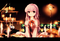 Rule 34 | 1girl, bad id, bad pixiv id, blurry, blurry background, book, bow, candle, candlelight, candlestand, capelet, coat, crescent moon, crystal ball, depth of field, dress, expressionless, fire, fire, highres, letterboxed, light, long hair, long sleeves, moon, no headwear, no headwear, no ribbon, open book, pajamas, patchouli knowledge, pillow, purple coat, purple dress, purple eyes, purple hair, sitting, solo, sora (cmamlr), star (symbol), striped, touhou