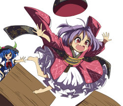 Rule 34 | 2girls, ahoge, barefoot, blouse, blue hair, crate, falling, food, fruit, hand on own hip, hat, hat loss, highres, hinanawi tenshi, japanese clothes, kimono, leaf, long hair, looking to the side, multiple girls, obi, open mouth, outstretched arms, outstretched hand, peach, petticoat, puffy short sleeves, puffy sleeves, purple hair, pushing, red eyes, sash, shirt, short hair, short sleeves, sidelocks, simple background, spread arms, sukuna shinmyoumaru, syope, tears, touhou, very long hair, white background, white shirt