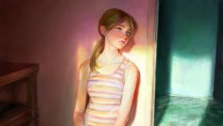 Rule 34 | 1girl, against wall, arms at sides, blue eyes, breasts, collarbone, day, eyebrows, hair over shoulder, hallway, indoors, light brown hair, lips, looking afar, looking away, multicolored stripes, nababa, neck, nose, on floor, original, parted bangs, ponytail, shirt, sitting, sleeveless, sleeveless shirt, small breasts, solo, striped clothes, striped shirt, sunlight, table, tank top, upper body, wall, window shadow