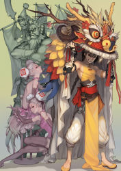 Rule 34 | 2boys, 2girls, banner, belt, belt buckle, braid, branch, brown eyes, brown hair, buckle, chinese clothes, cymbals, dated, double bun, dragon, eastern dragon, elbow gloves, fang, flower, gloves, green background, hat, highres, holding, horns, instrument, long hair, looking at viewer, mask, monkey, multiple boys, multiple girls, muscular, original, purple eyes, racoona, sandals, siblings, signature, simple background, smile, teeth, thighhighs, twins, white hair