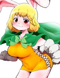 Rule 34 | 1girl, animal ears, animal hands, blonde hair, blush, breasts, cape, carrot (one piece), covered navel, dagashi (daga2626), furry, furry female, green cape, highres, looking at viewer, medium breasts, one piece, rabbit ears, rabbit girl, red eyes, short hair, simple background, solo, white background