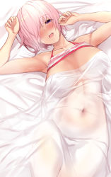 Rule 34 | 1girl, bare shoulders, bed sheet, blush, breasts, cleavage, covered navel, fate/grand order, fate (series), hair over one eye, highres, large breasts, light purple hair, looking at viewer, mash kyrielight, mash kyrielight (swimsuit of perpetual summer ver.02), official alternate costume, open mouth, purple eyes, see-through, short hair, smile, solo, thighs, untue