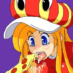 Rule 34 | 1girl, 2009, blue eyes, blush, food, hat, lowres, mona (warioware), nintendo, open mouth, orange hair, pizza, purple background, sexually suggestive, solo, tongue, tongue out, warioware