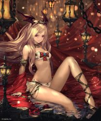 Rule 34 | 1girl, arm support, armor, bare legs, bare shoulders, bikini, blonde hair, breasts, chain, cleavage, commentary request, copyright name, cygames, gem, groin, head wings, headgear, high heels, highres, indoors, knee up, lantern, lens flare, long hair, looking at viewer, medium breasts, no socks, official art, parted lips, queen vampire (shadowverse), red eyes, reflection, shadowverse, shingeki no bahamut, shoes, sitting, sitting on water, soaking feet, solo, stomach, swimsuit, tachikawa mushimaro, water, watermark, wings