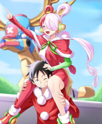 Rule 34 | 1boy, 1girl, absurdres, black hair, boots, breasts, cape, carrying, christmas, dress, fur trim, hair over one eye, hat, highres, hood, long hair, long sleeves, medium breasts, monkey d. luffy, multicolored hair, one eye closed, one piece, one piece film: red, open mouth, purple eyes, red cape, red hair, red thighhighs, santa boots, santa costume, short hair, shoulder carry, single thighhigh, split-color hair, teeth, thighhighs, two-tone hair, uta (one piece), white hair, zerokun135