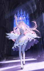 Rule 34 | 1girl, arm up, black footwear, bleeding, blood, blue archive, blue ribbon, buttons, crescent, crying, crying with eyes open, cuts, dress, dust, frilled dress, frills, full body, hair ornament, halo, hand on own chest, highres, indoors, injury, konatsu hare, light particles, light rays, long hair, looking up, low wings, mika (blue archive), open mouth, pantyhose, pink hair, ribbon, rubble, scrunchie, shadow, solo, spoilers, stained glass, sunbeam, sunlight, tears, torn clothes, twitter username, white dress, white pantyhose, white wings, window, wings, wrist scrunchie, yellow eyes