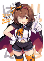 Rule 34 | 1girl, black hat, black shorts, blush, breasts, brown eyes, brown hair, buttons, cape, cowboy shot, dated, gloves, hair between eyes, halloween, halloween costume, hand on own hip, hat, index finger raised, kantai collection, large breasts, mini hat, navel, odawara hakone, one-hour drawing challenge, one eye closed, open mouth, shiratsuyu (kancolle), shirt, short hair, shorts, simple background, smile, solo, thighhighs, twitter username, white background, white gloves, white shirt