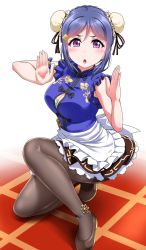 Rule 34 | 1girl, :o, alternate hairstyle, ankle strap, apron, black footwear, black pantyhose, black ribbon, blue hair, blue shirt, blush, braid, breasts, bun cover, bursting breasts, chinese clothes, cleavage, commentary request, crown braid, fighting stance, hair ornament, hairclip, hands up, highres, looking at viewer, love live!, love live! school idol festival, love live! sunshine!!, matsuura kanan, on one knee, pantyhose, purple eyes, ribbon, shirt, shoes, sidelocks, skirt, solo, v-shaped eyebrows, waist apron, white apron, yopparai oni