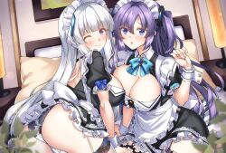 Rule 34 | 2girls, alternate costume, apron, arm support, blue archive, bow, bowtie, breasts, cleavage, cleavage cutout, clothing cutout, frilled apron, frilled skirt, frills, grey hair, halo, hand up, headphones, large breasts, long hair, maid, multiple girls, noa (blue archive), on bed, one eye closed, panties, pantyshot, parted bangs, pillow, purple eyes, purple hair, shirokuma a, sidelocks, skirt, smile, two side up, underwear, very long hair, white apron, wrist cuffs, yuuka (blue archive)