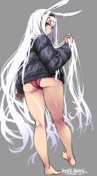 1girl absurdres animal_ears arm_up ass azur_lane barefoot black_jacket brown_eyes feet from_behind full_body grey_background hairband hand_in_own_hair highres jacket kneepits legs long_hair looking_back no_pants panties rabbit_ears rabbit_girl red_panties shimakaze_(azur_lane) simple_background smile solo thighs toes umyonge_(lkakeu) underwear very_long_hair white_hair