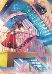 Rule 34 | 1girl, :o, brown eyes, brown hair, candy, caustics, flower, food, hair flower, hair ornament, leaf, leaning forward, long hair, long skirt, looking up, open mouth, original, outstretched hand, railing, rain, red skirt, skirt, solo, stairs, surreal, tsukioka tsukiho, umbrella, water