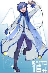 Rule 34 | 1boy, anniversary, arm up, blue background, blue eyes, blue hair, blue pants, blue scarf, boots, character name, coat, commentary, full body, headset, highres, holding, holding microphone, kaito (vocaloid), kaito (vocaloid3), knee boots, looking at viewer, male focus, microphone, microphone cord, open mouth, pants, scarf, smile, solo, sparkle, standing, standing on one leg, v-shaped eyebrows, vocaloid, white coat, zuki ko (mmzko777)