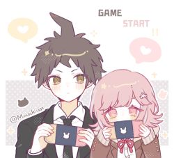 Rule 34 | 1boy, 1girl, black jacket, blush, brown eyes, brown hair, brown jacket, closed mouth, collared shirt, commentary request, danganronpa (series), danganronpa 3 (anime), dress shirt, flipped hair, formal, hair ornament, handheld game console, hands up, heart, hinata hajime, holding, holding handheld game console, hood, hood down, hope&#039;s peak academy school uniform, jacket, looking at another, mao gao gao, nanami chiaki, necktie, nintendo switch, open clothes, open jacket, pink eyes, pink hair, playing games, ribbon, school uniform, shirt, spoken heart, white shirt