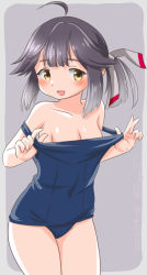 Rule 34 | 1girl, ahoge, blue one-piece swimsuit, breasts, clothes pull, covered navel, cowboy shot, dated, grey background, grey hair, hair ribbon, hayanami (kancolle), kantai collection, medium breasts, old school swimsuit, one-hour drawing challenge, one-piece swimsuit, one-piece swimsuit pull, ponytail, ray.s, ribbon, school swimsuit, short hair, sidelocks, solo, swimsuit, twitter username, two-tone background, white ribbon, yellow eyes