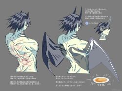 1boy cropped_torso eda fang gills grey_background grey_hair horns male_focus monster_boy multiple_views original reference_sheet scar scar_on_back shark_boy short_hair simple_background skin_fang toned toned_male upper_body wings