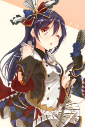 Rule 34 | 10s, 1girl, ;o, black gloves, blue flower, blue hair, blue rose, brown eyes, buttons, cafe maid (love live!), checkered clothes, checkered skirt, collared shirt, dated, double-breasted, dress, earrings, flower, gem, gloves, hat, hat ribbon, idol, jewelry, long hair, looking at viewer, love live!, love live! school idol festival, love live! school idol project, microphone, microphone stand, musical note, necktie, one eye closed, pachi (sugiyama0306), pearl (gemstone), ribbon, rose, shirt, skirt, solo, sonoda umi, treble clef